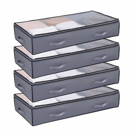 Under Bed Storage with Clear Lids, 39.2 x 19.7 x 7.1 Inch, 90L Large Underbed Clothes Storage Containers, Low Profile Under Bed Drawer Shoe Organizer Bins Box for Blanket Shoe Bedroom, 4 Pack