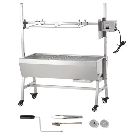 Upgrade Rotisserie Grill, 35 Inch 90 Lbs Capacity, BBQ Whole Pig Lamb Goat Charcoal Spit Grill, Electric 42W Motor Stainless Steel Rotisserie Roaster with Lockable Wheels, for Camping Outdoor
