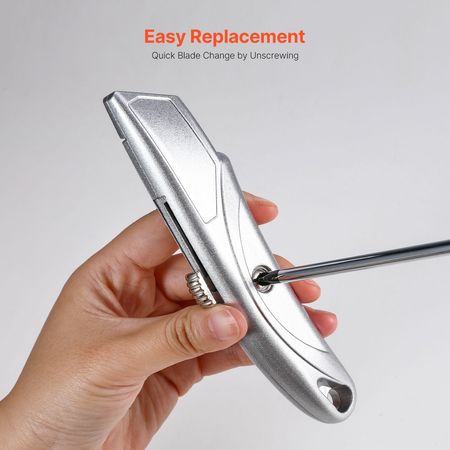 Utility Knife, 2-Pack Retractable Box Cutter, with Aluminum Alloy Case, SK5 Blades and Handle, 3-Position Blade, 5 Blades, Heavy Duty Box Cutter for Leather, Card Board, Rubber Cables, Silver