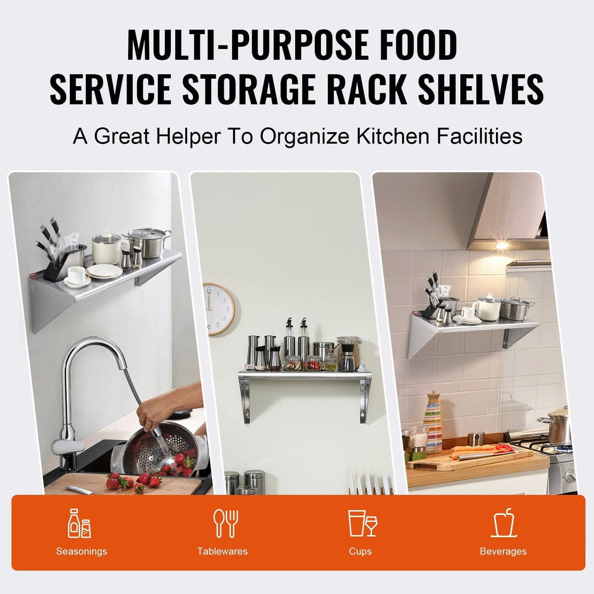 14" x 36" Stainless Steel Shelf, Wall Mounted Floating Shelving with Brackets, 300 lbs Load Capacity Commercial Shelves, Heavy Duty Storage Rack for Restaurant, Kitchen, Bar, Home, and Hotel