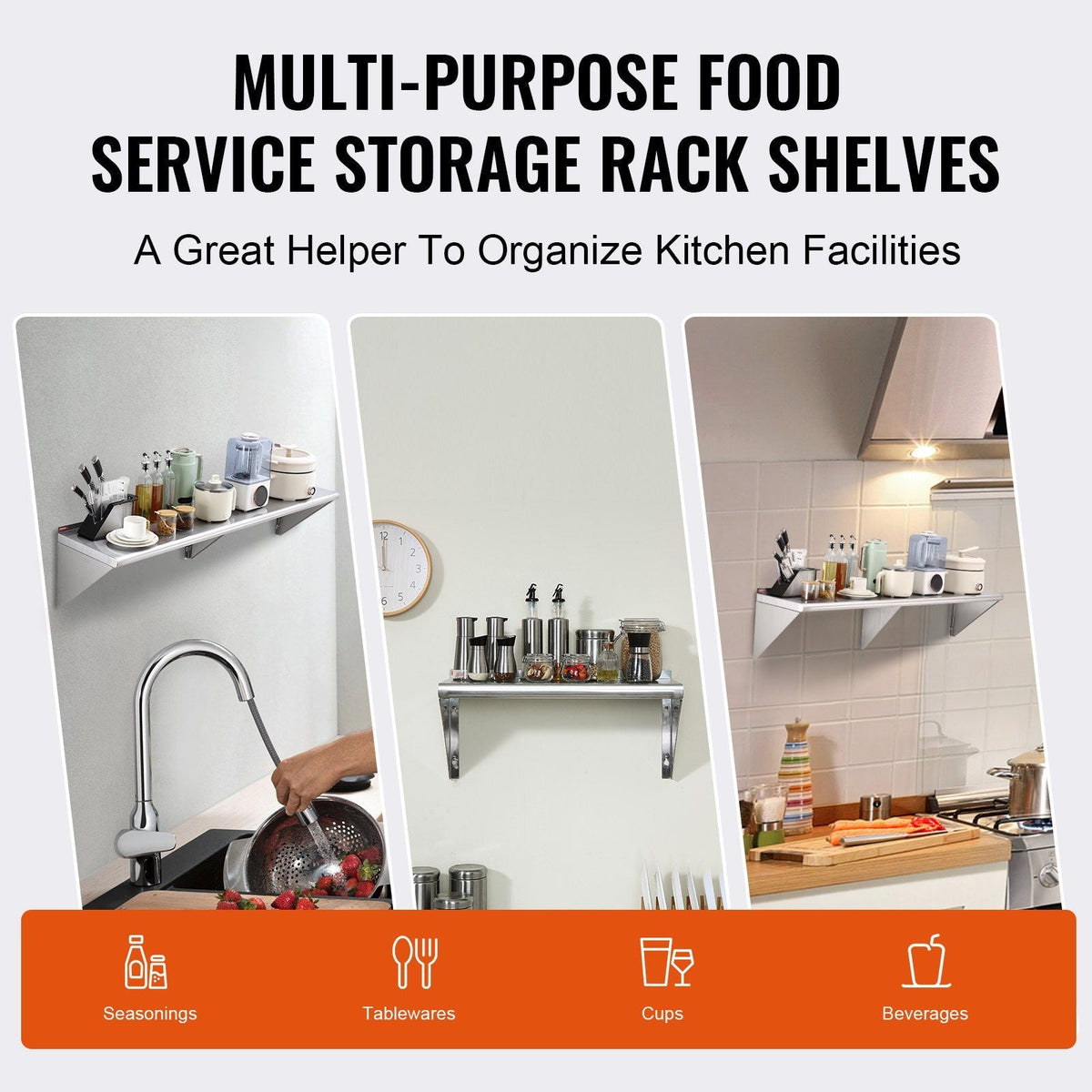 14" x 60" Stainless Steel Shelf, Wall Mounted Floating Shelving with Brackets, 400 lbs Load Capacity Commercial Shelves, Heavy Duty Storage Rack for Restaurant, Kitchen, Bar, Home, and Hotel