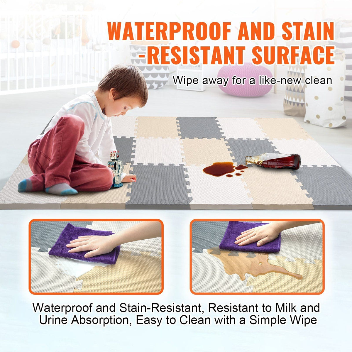 16 Tiles Kids Play Mat, 0.4 Inch Toddler Play Mat with EVA Foam, 12" x 12" Puzzle Play Mat with 16 sq.ft Coverage, Interlocking Toddler Mats for Play Room, Nursery, Living Room, Camel&Gray&Beige