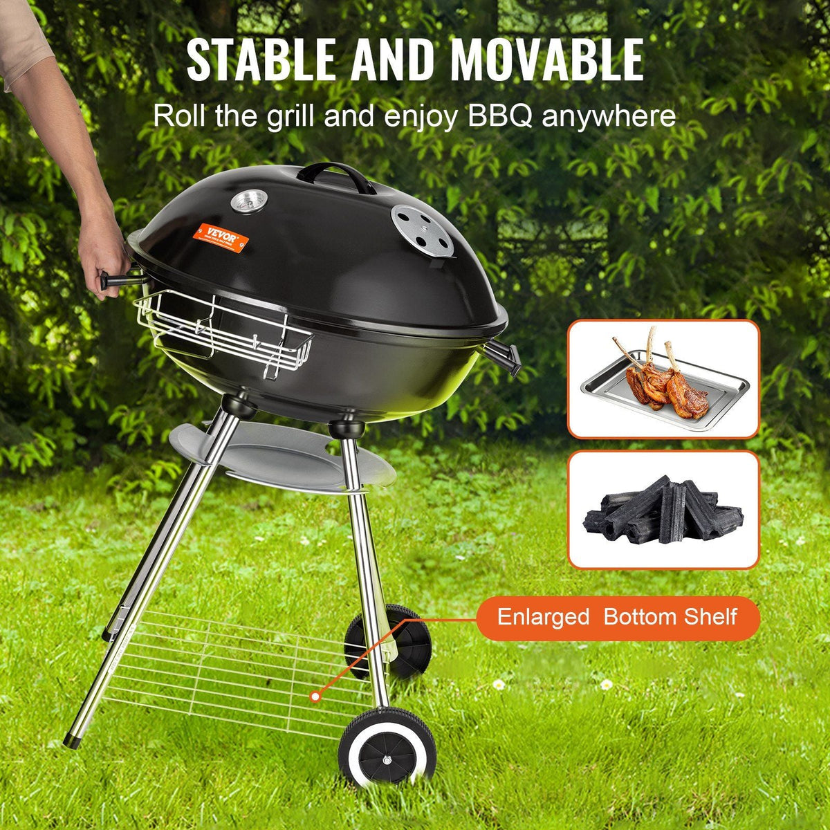 22 inch Kettle Charcoal Grill, Premium Kettle Grill with Wheels and Cover, Porcelain-Enameled Lid and Ash Catcher & Thermometer for BBQ, Round Barbecue Grill Outdoor Cooking, Patio and Backyard
