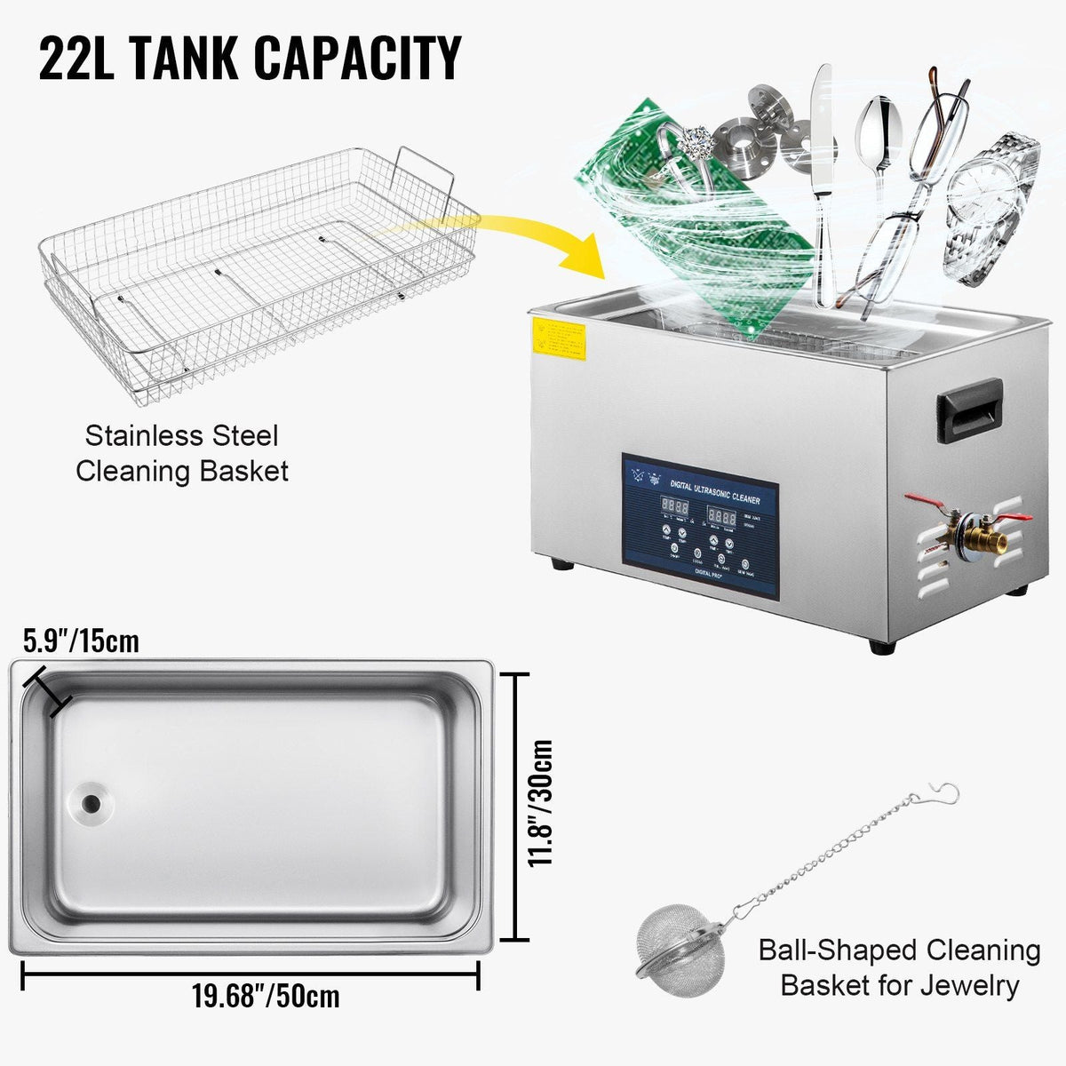22L Ultrasonic Cleaner 28/40khz Dual Frequency Ultrasonic Cleaner 304 Stainless Steel with Heater Timer for Jewelry Watch Glasses Parts Cleaning