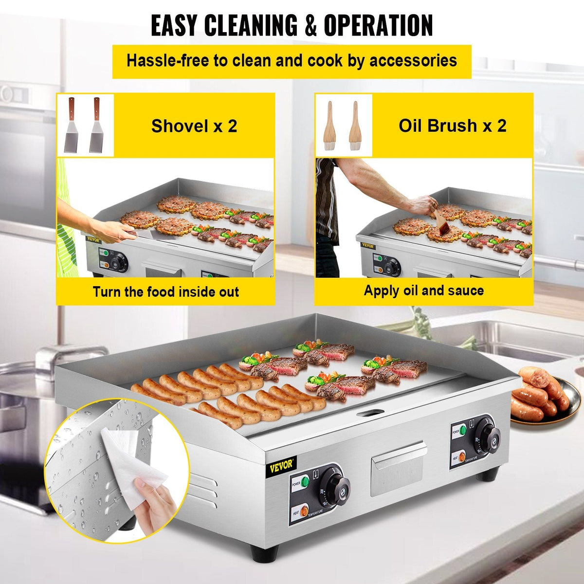 29" Commercial Electric Griddle 110V 3000W Electric Countertop Griddle Non-Stick Restaurant Teppanyaki Flat Top Grill Stainless Steel Adjustable Temperature Control 122°F-572°F (NO PLUG)