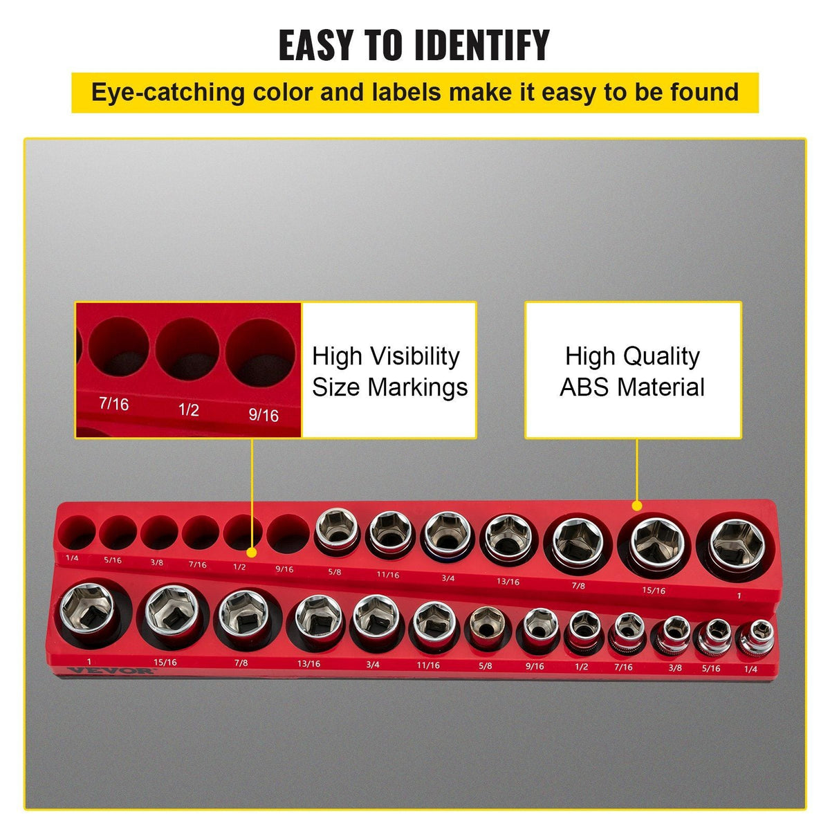 3-Pack SAE Magnetic Socket Organizers, 1/2-inch, 3/8-inch, 1/4-inch Drive Socket Holders Hold 68 Sockets, Red Tool Box Organizer for Sockets Storage