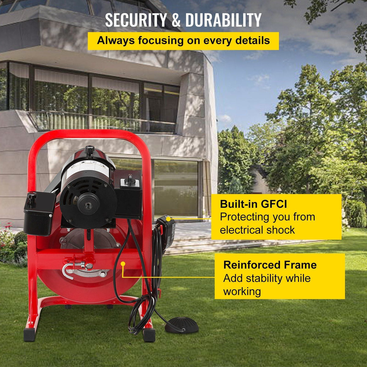 50FT x 1/2 Inch Drain Cleaning Machine, 250W Electric Drain Auger, Portable Sewer Snake Auger Cleaner with Cutters & Air-Activated Foot Switch for 1" to 4" Pipes, Black, Red
