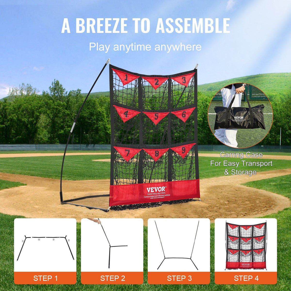9 Hole Baseball Net, 36"x30" Softball Baseball Training Equipment for Hitting Pitching Practice, Portable Quick Assembly Trainer Aid with Carry Bag, Strike Zone, Ground Stakes, for Youth Adults