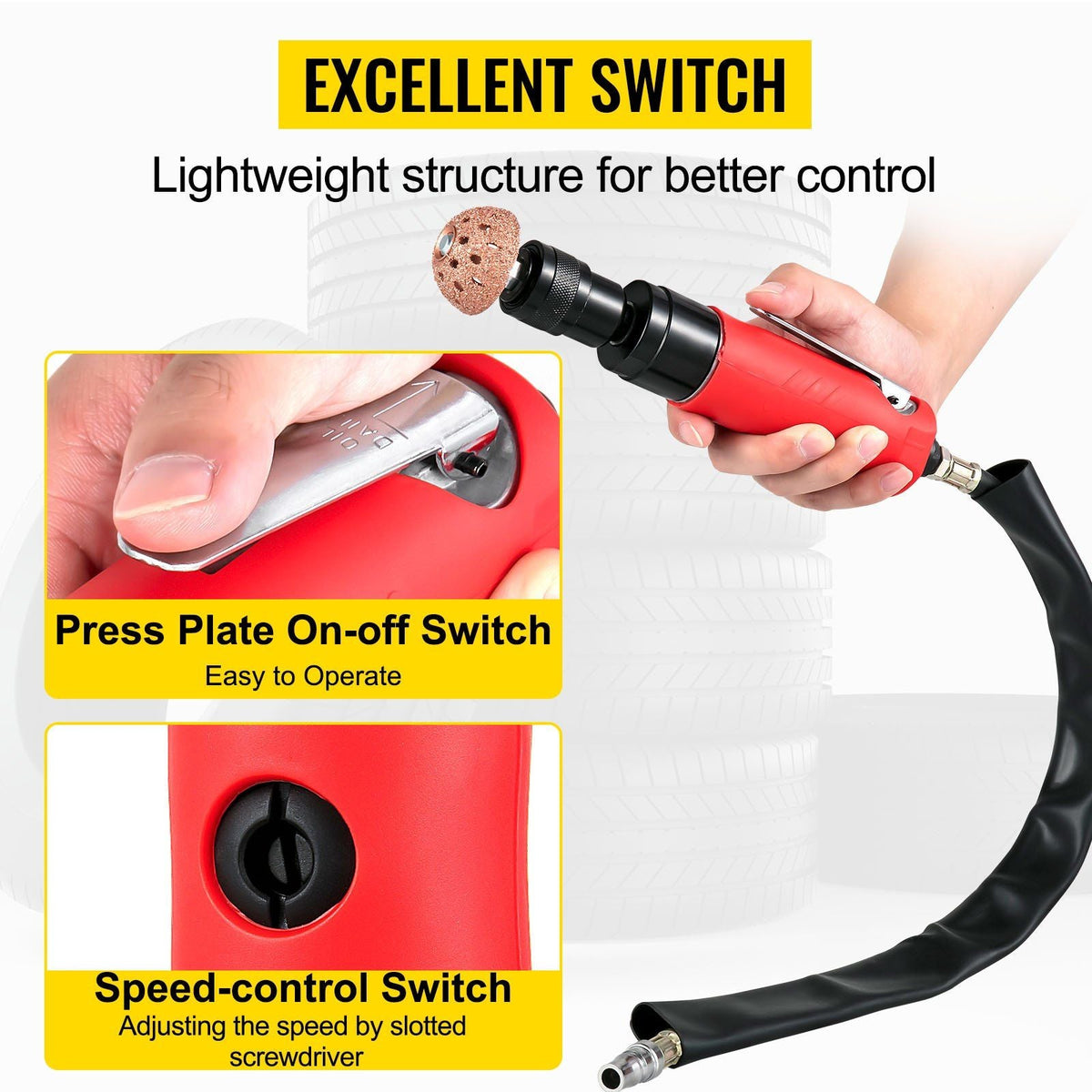 Air Tire Buffer, 2500rpm Low Speed Tire Buffer, 35 mm Pneumatic Buffing Tool, Variable Speed Tire Grinder With Whip Hose, Tire Repair Buffing Wheel For Inner Liner Cleaning, Reaming And Drilling
