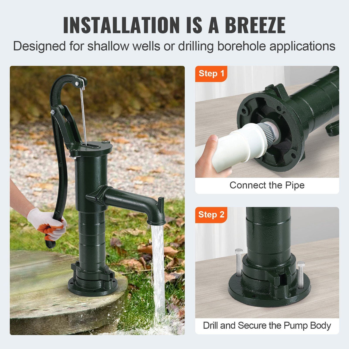 Antique Hand Water Pump 14.6 x 5.9 x 26 inch Pitcher Pump w/Handle Cast Iron Well Pump w/ Pre-set 0.5" Holes for Easy Installation Old Fashion Pitcher Hand Pump for Home Yard Ponds Garden Green