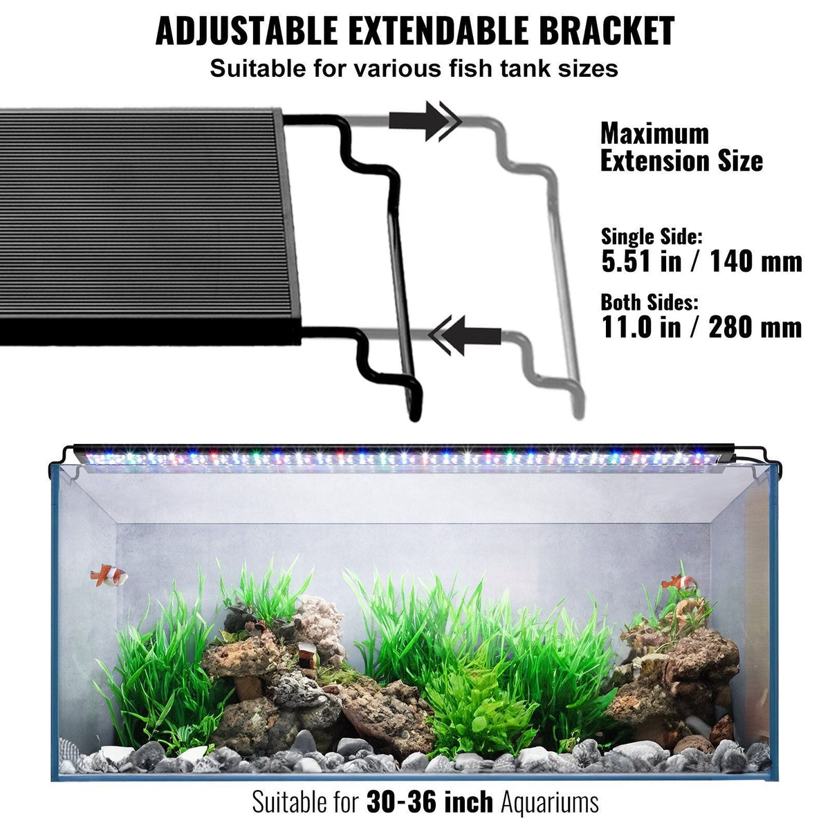 Aquarium Light with LCD Monitor, 24W Full Spectrum Fish Tank Light with 24/7 Natural Mode, Adjustable Brightness & Timer - Aluminum Alloy Shell Extendable Brackets for 30"-36" Freshwater Tank