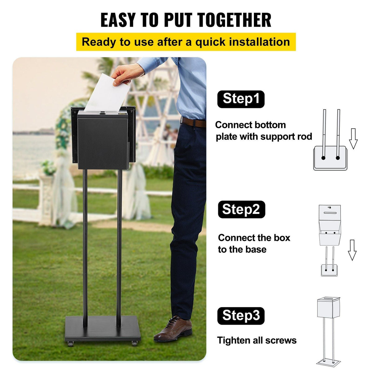 Ballot Box, Floor Standing Suggestion Box with Sign Holder and Lock, Side Pocket for Storing Ballots, Brochures, Donation Box for Home Office Church Election, 8.6\"W x 9.4\"H x 8\"D, Black