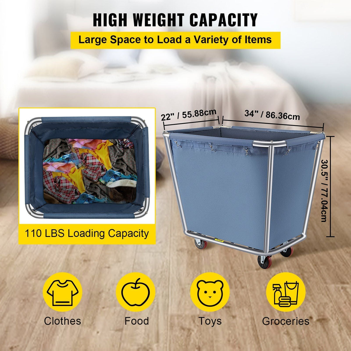 Basket Truck, 8 Bushel Steel Canvas Laundry Basket, 3" Diameter Wheels Truck Cap Basket Canvas Laundry Cart Usually Used to Transport Clothes, Store Sundries Suitable for Hotel, Home, Hospital