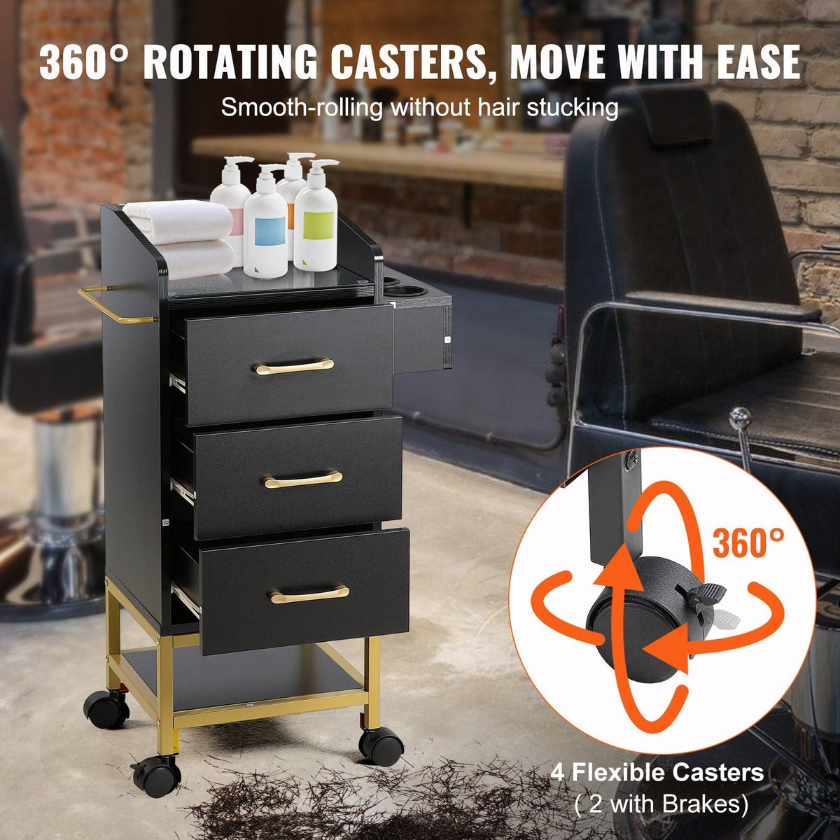 Beauty Salon Storage Trolley Cart, Glass Top Hair Salon Station Cabinet for Stylist with Drawer & Dryer Holder, MDF Rolling Hairdressing Salon Cart on 4 Wheels (2 Lockable) for Barber Beauty SPA