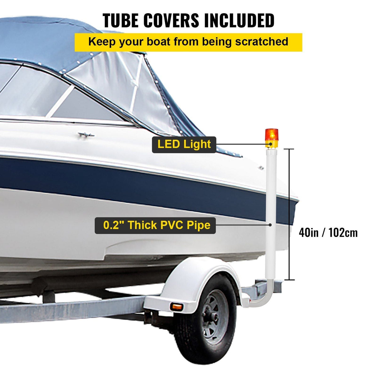 Boat Trailer Guide-on, 40", 2PCS Steel Trailer Post Guide on, with LED-Lighted PVC Tube Covers, Mounting Hardware Included, for Ski Boat, Fishing Boat or Sailboat Trailer