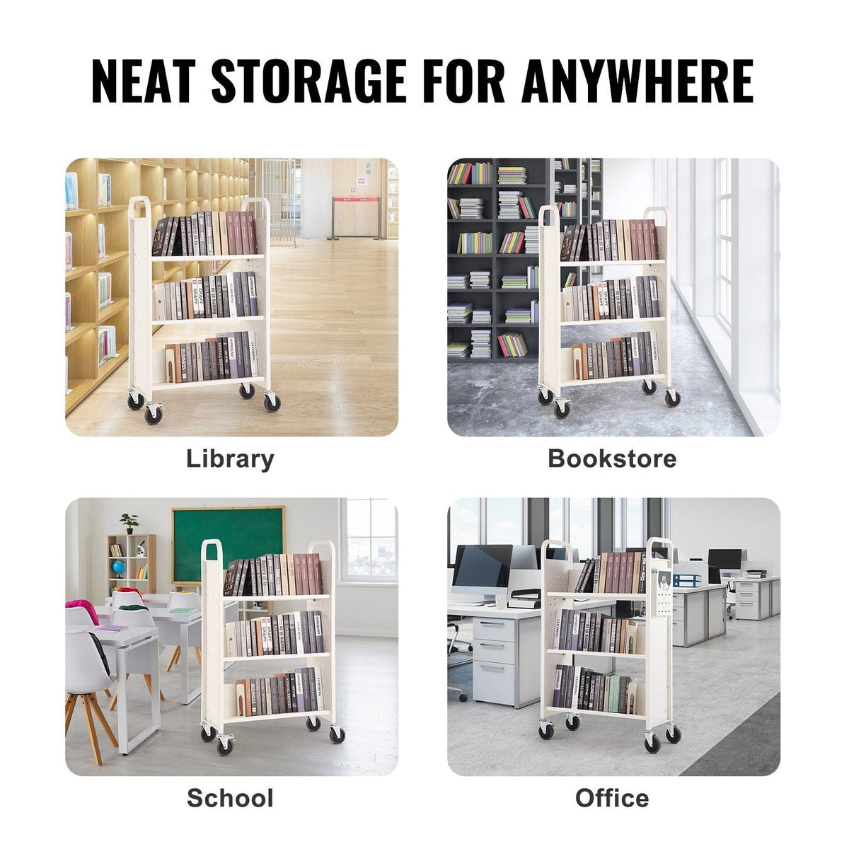 Book Cart, 330 lbs Library Cart, 31.1" x 15.2" x 49.2" Rolling Book Cart, Single Sided V-Shaped Sloped Shelves with 4-Inch Lockable Wheels for Home Shelves Office and School, Book Truck in White