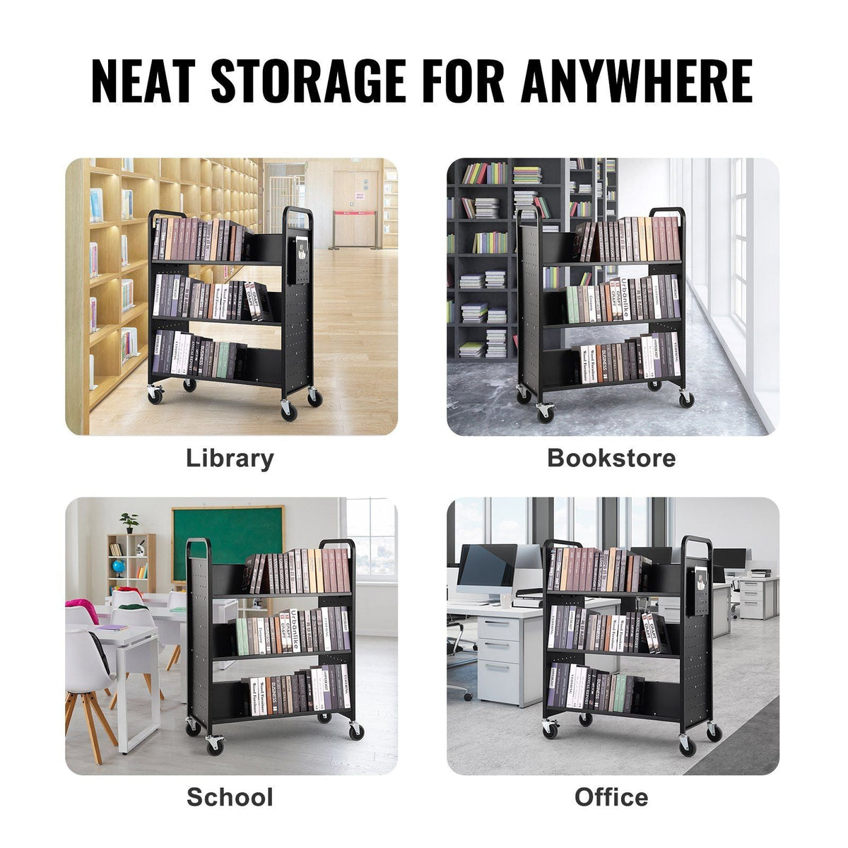 Book Cart, 330 lbs Library Cart, 39.4" x 20.1" x 49.2" Rolling Book Cart, Double Sided W-Shaped Sloped Shelves with 4-Inch Lockable Wheels for Home Shelves Office School, Book Truck in Black