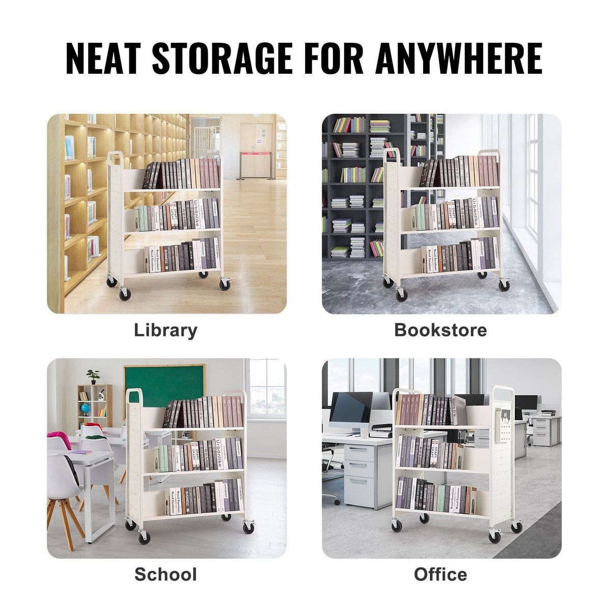 Book Cart, 330 lbs Library Cart, 39.4" x 20.1" x 49.2" Rolling Book Cart, Double Sided W-Shaped Sloped Shelves with 4-Inch Lockable Wheels for Home Shelves Office School, Book Truck in White