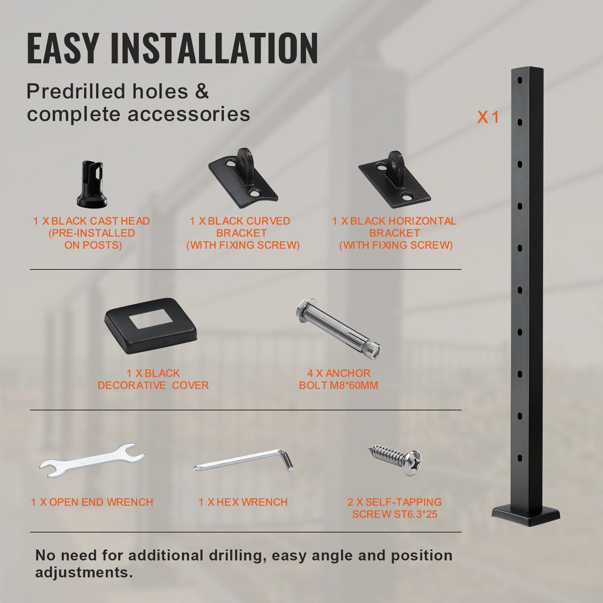 Cable Railing Post, 36" x 1" x 2" Steel 30° Angled Hole Stair Railing Post, 10 Pre-Drilled Holes, SUS304 Stainless Steel Cable Rail Post with Horizontal and Curved Bracket, 1-Pack, Black