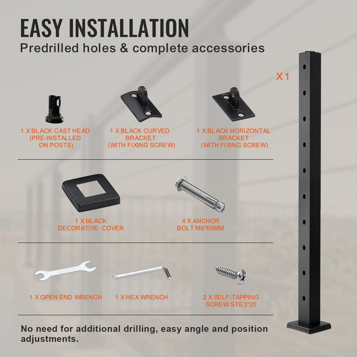 Cable Railing Post, 36" x 2" x 2" Steel 30° Angled Hole Stair Railing Post, 10 Pre-Drilled Holes, SUS304 Stainless Steel Cable Rail Post with Horizontal and Curved Bracket, 1-Pack, Black
