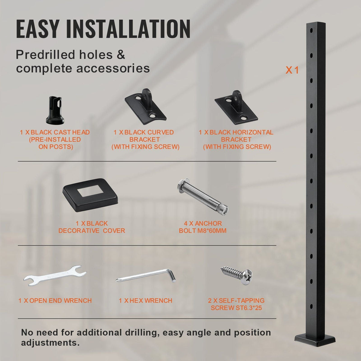 Cable Railing Post, 42" x 1" x 2" Steel 30° Angled Hole Stair Railing Post, 12 Pre-Drilled Holes, SUS304 Stainless Steel Cable Rail Post with Horizontal and Curved Bracket, 1-Pack, Black