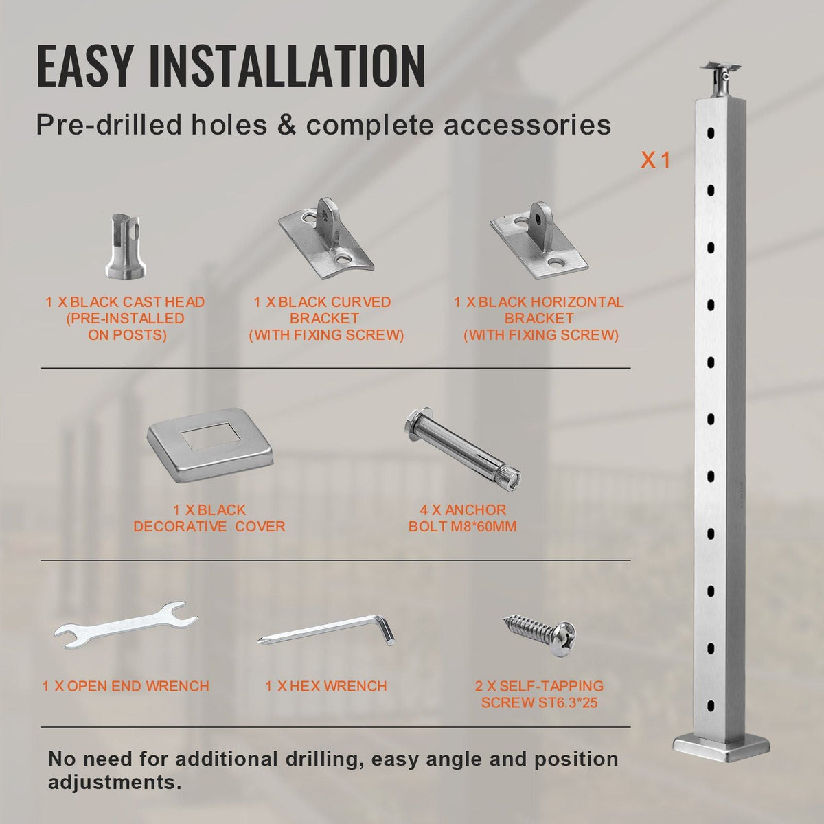 Cable Railing Post Level Deck Stair Post 36 x 0.98 x 1.97" Cable Handrail Post Stainless Steel Wire Drawing Deck Railing Pre-Drilled Pickets with Mounting Bracket Stair Railing Kit Silver