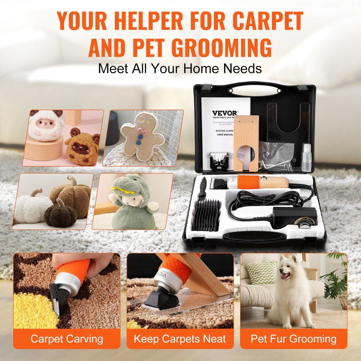 Carpet Trimmer with Shearing Guide, 200W Electric Speed Adjustable Rug Carver, Tufting Shears with 2 Blades, Wooden Handle Carpet Carving Clippers for Handmade Rug Cleaning and Tufted Rug