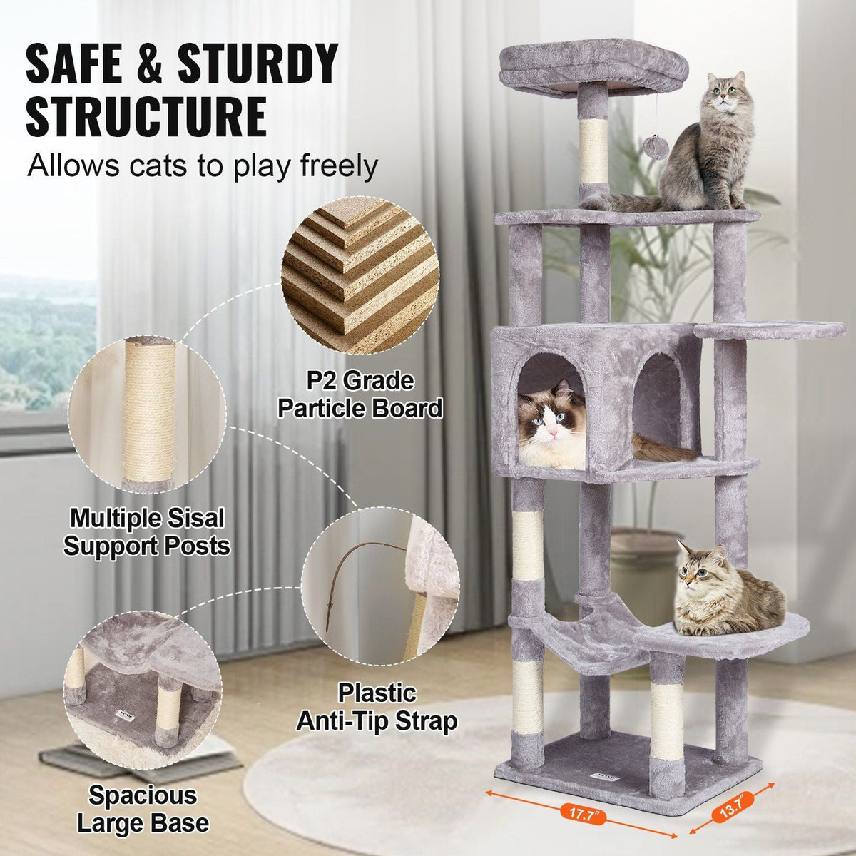 Cat Tree 60.6" Cat Tower with Cat Condo Sisal Scratching Post Light Grey