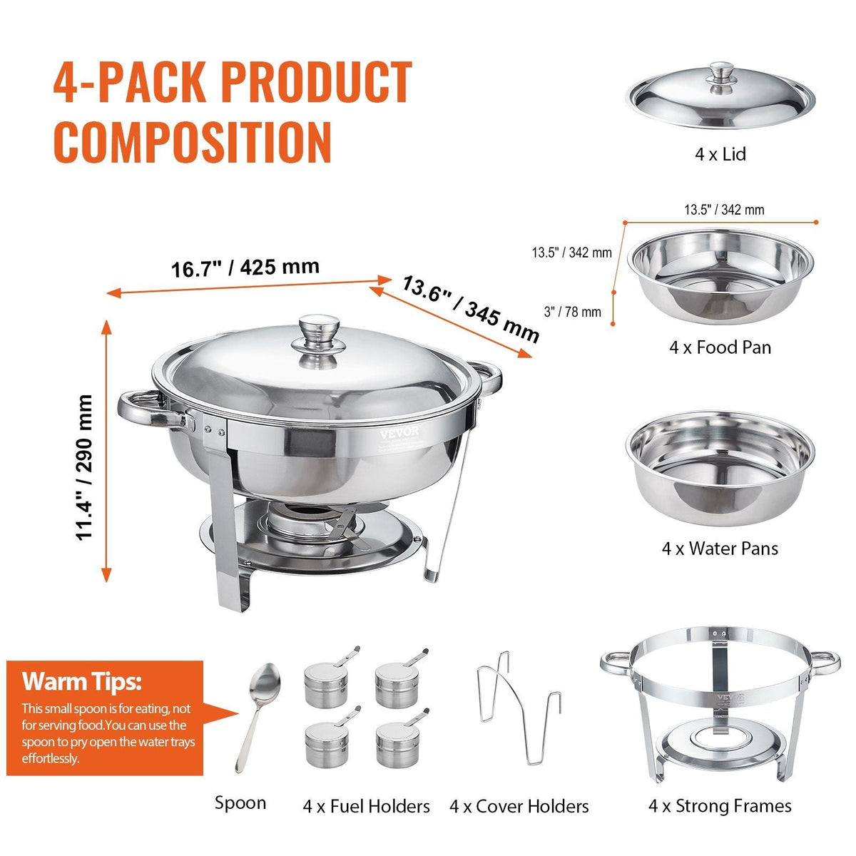 Chafing Dish Buffet Set, 6 Qt 4 Pack, Stainless Steel Chafer with Full Size Pan, Round Catering Warmer Server with Lid Water Pan Stand Fuel Holder Cover Holder Spoon, for at Least 6 People Each