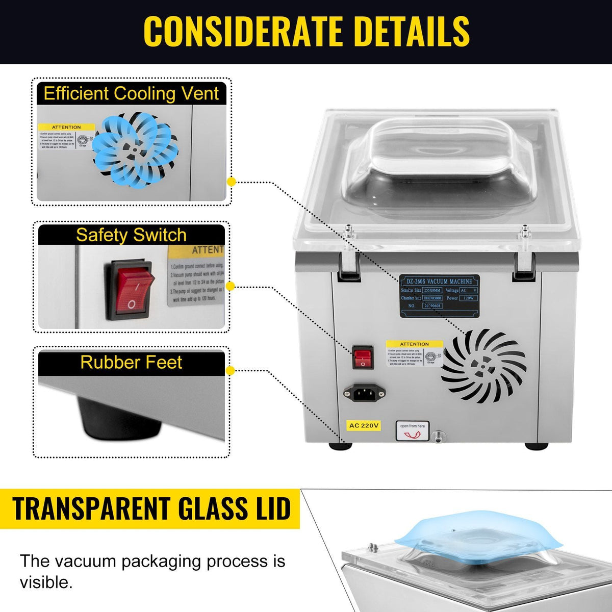 Chamber Vacuum Sealer Machine DZ 260S Commercial Kitchen Food Chamber Vacuum Sealer, 110V Packaging Machine Sealer for Food Saver, Home, Commercial Using