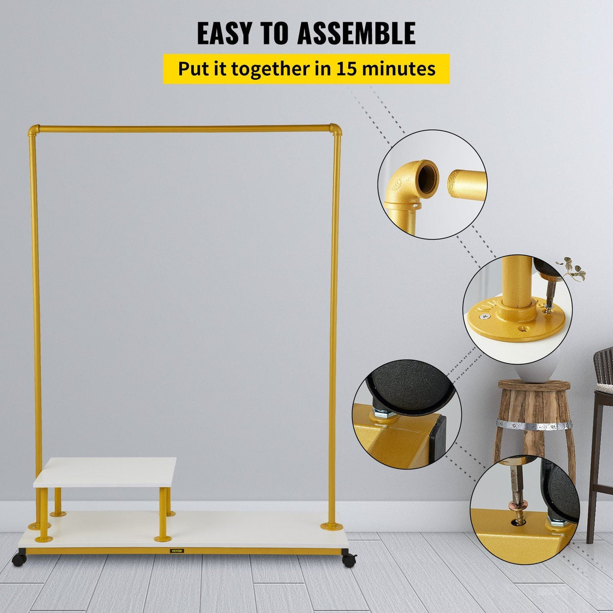Clothing Garment Rack, 47.2"x14.2"x63.0", Heavy-Duty Clothes Rack w/Bottom Shelf & Side Shelf, 4 Swivel Casters, Sturdy Steel Frame, Rolling Clothes Organizer for Retail Store Boutique, Gold