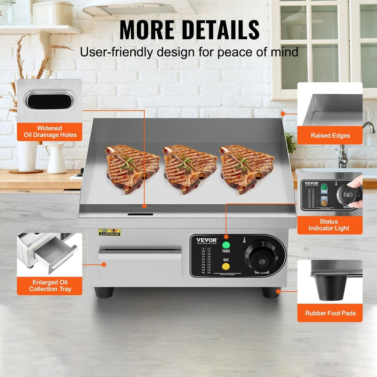 Commercial Electric Griddle, 1700W Countertop Flat Top Grill, 122°F-572 °F Adjustable Temp, 14.17 x 11.81 x 0.39in Stainless Steel Griddle Grill with 2 Shovels and 2 Brushes