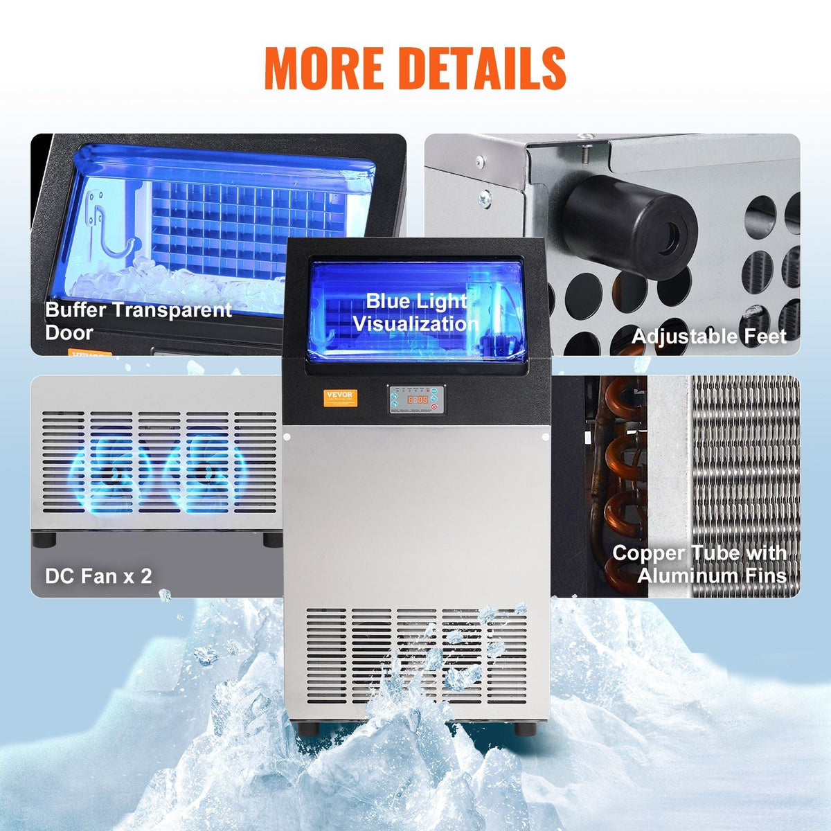 Commercial Ice Maker, 100lbs/24H, Ice Maker Machine, 55 Ice Cubes in 12-15 Minutes, Freestanding Cabinet Ice Maker with 33lbs Storage Capacity LED Digital Display, for Bar Home Office Restaurant