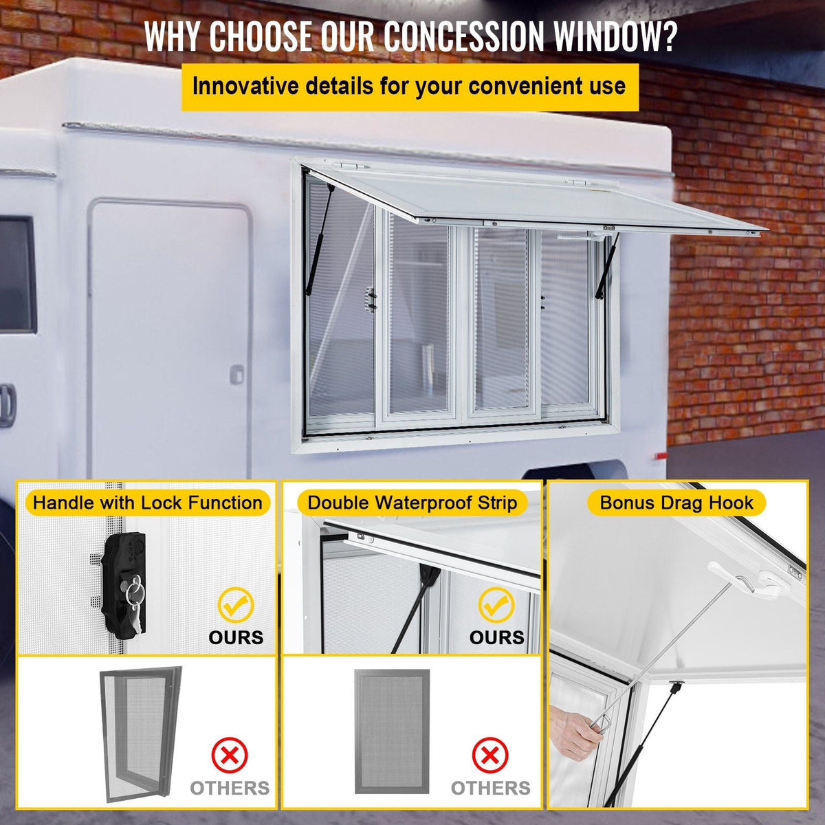 Concession Window, 36 x 36 inch, Aluminum Alloy Food Truck Service Window with 4 Horizontal Sliding Screen Windows & Awning Door & Drag Hook, Serving Window for Food Trucks Concession Trailers