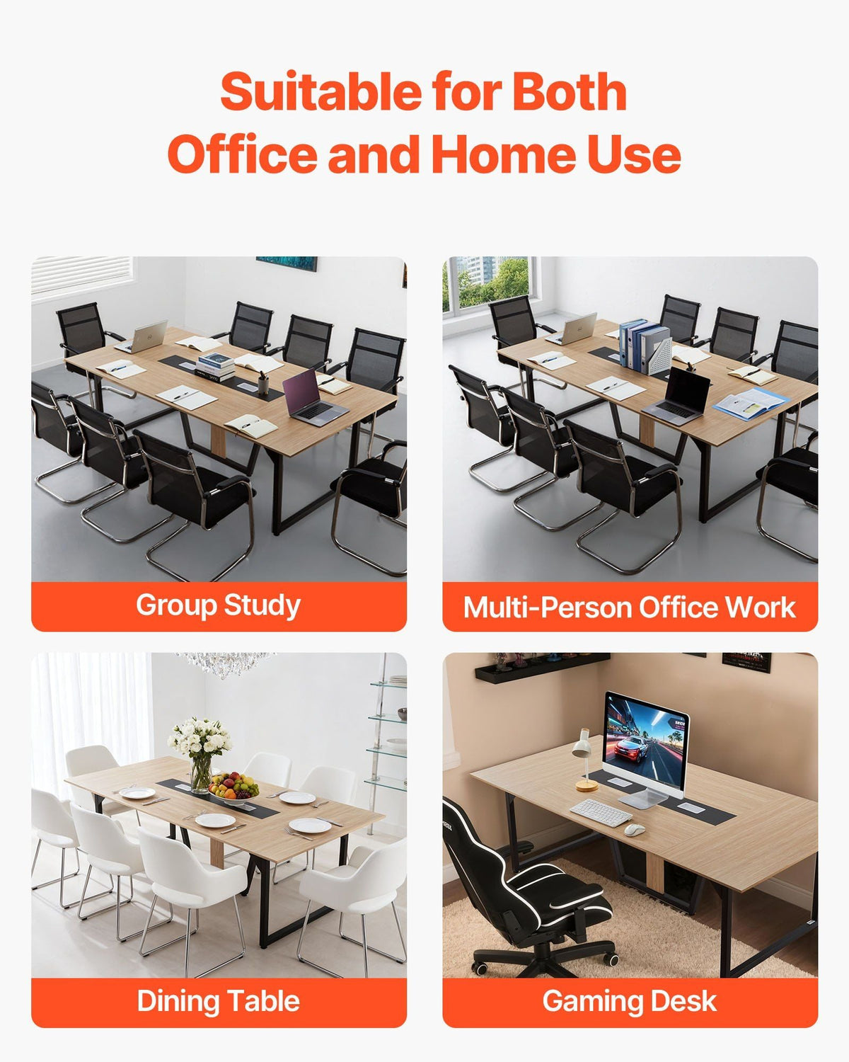 Conference Table, 8 ft Office Meeting Table for 10 Person, Modern Rectangle Seminar Desk with Metal Legs, Large Meeting Desk Ideal for Office, Boardroom, Conference Room, Easy Assembly, Brown