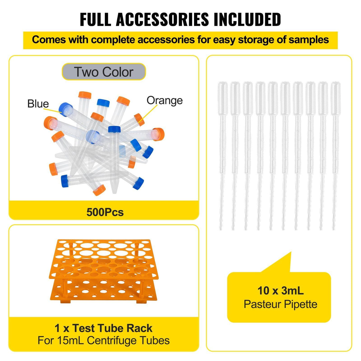 Conical Centrifuge Tubes, 15mL, 500Pcs PP Graduated Container w/ Leak-proof Screw Cap, Write Mark & Test Tube Rack, DN/RNase Free, for Lab Sample Storage & Separate, Blue & Orange