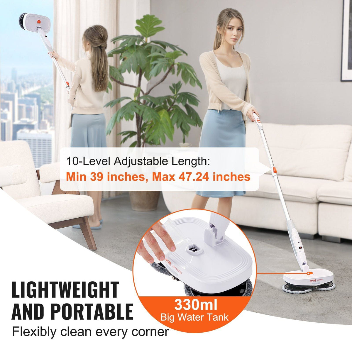 Cordless Electric Mop, Electric Spin Mop with Water Tank, up to 40 mins Battery, LED Headlight, Dual Mop Heads, 4 Microfiber Pads & 4 Trapezoid Microfiber Pads, for Hardwood/Tile Floor Cleaning
