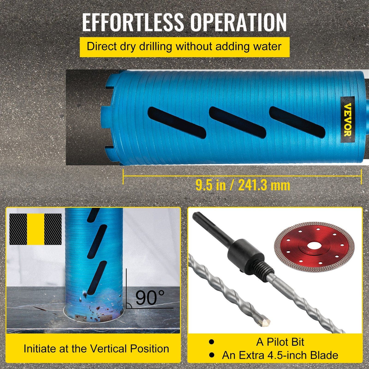 Core Drill Bit, 4" /101.6 mm Diameter 5/8"-11 Shank Arbor with a Pilot Bit & 4.5" Blade, 9.5" /241.3mm Depth Diamond Dry Coring Bore Tool, Masonry Hole Saw Bits for Hard Concrete Brick and Block