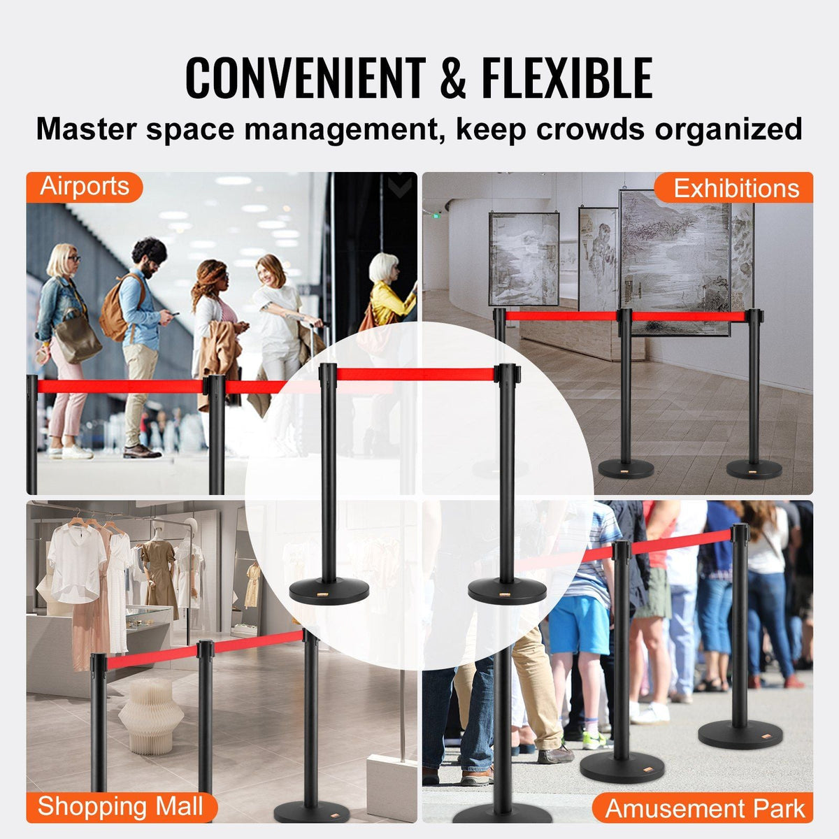 Crowd Control Stanchions, 2-Pack Crowd Control Barriers, Carbon Steel Baking Painted Stanchion Queue Post with 11FT Red Retractable Belt, Belt Barriers Line Divider for Exhibition, Airport
