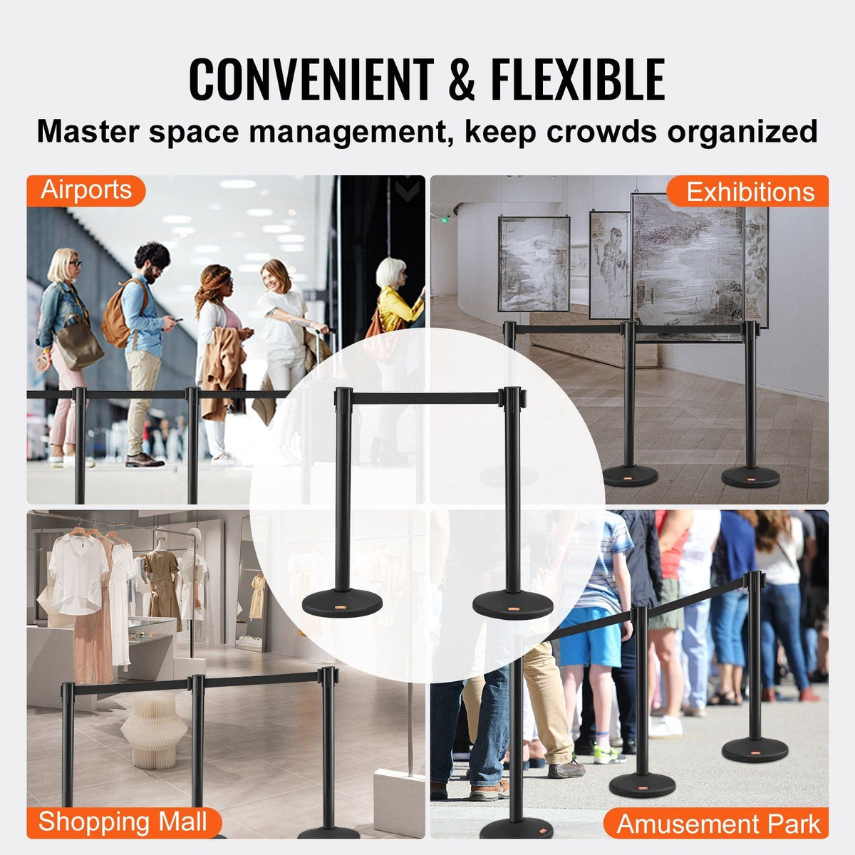 Crowd Control Stanchions, 6-Pack Crowd Control Barriers with 3PCS 6.5FT Black Retractable Belts, Plastic Stanchion Queue Post, Belt Barriers Line Divider Stanchion Set for Airport, Exhibition