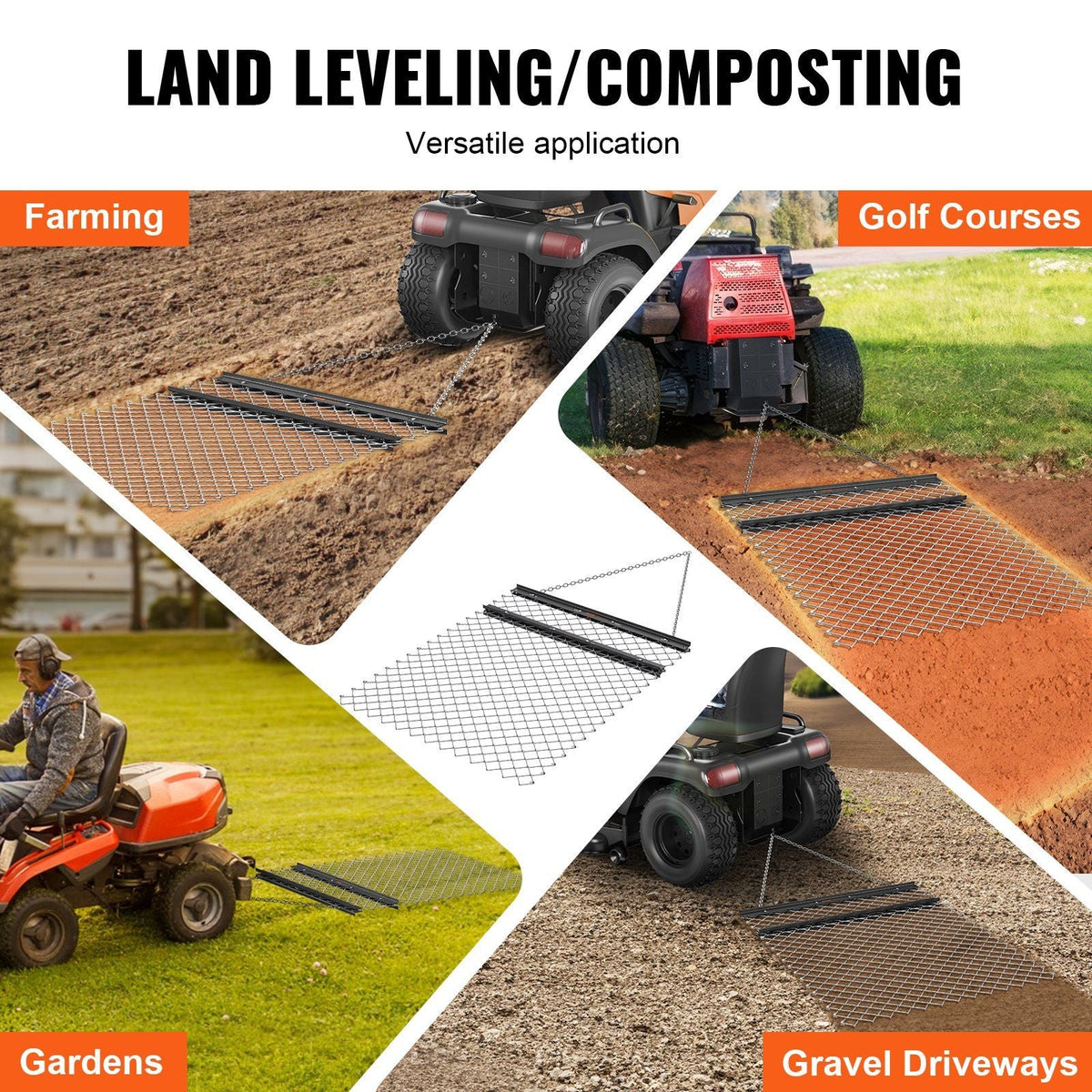 Drag Harrow, 4' x 5' ATV Chain Harrow, Q235 Steel UTV Tractor Attachments Field Drag Mat for Landscape Leveling or Sod Prepping, Towable Harrow Rake Grader for Gravel Driveway, Farm, Field