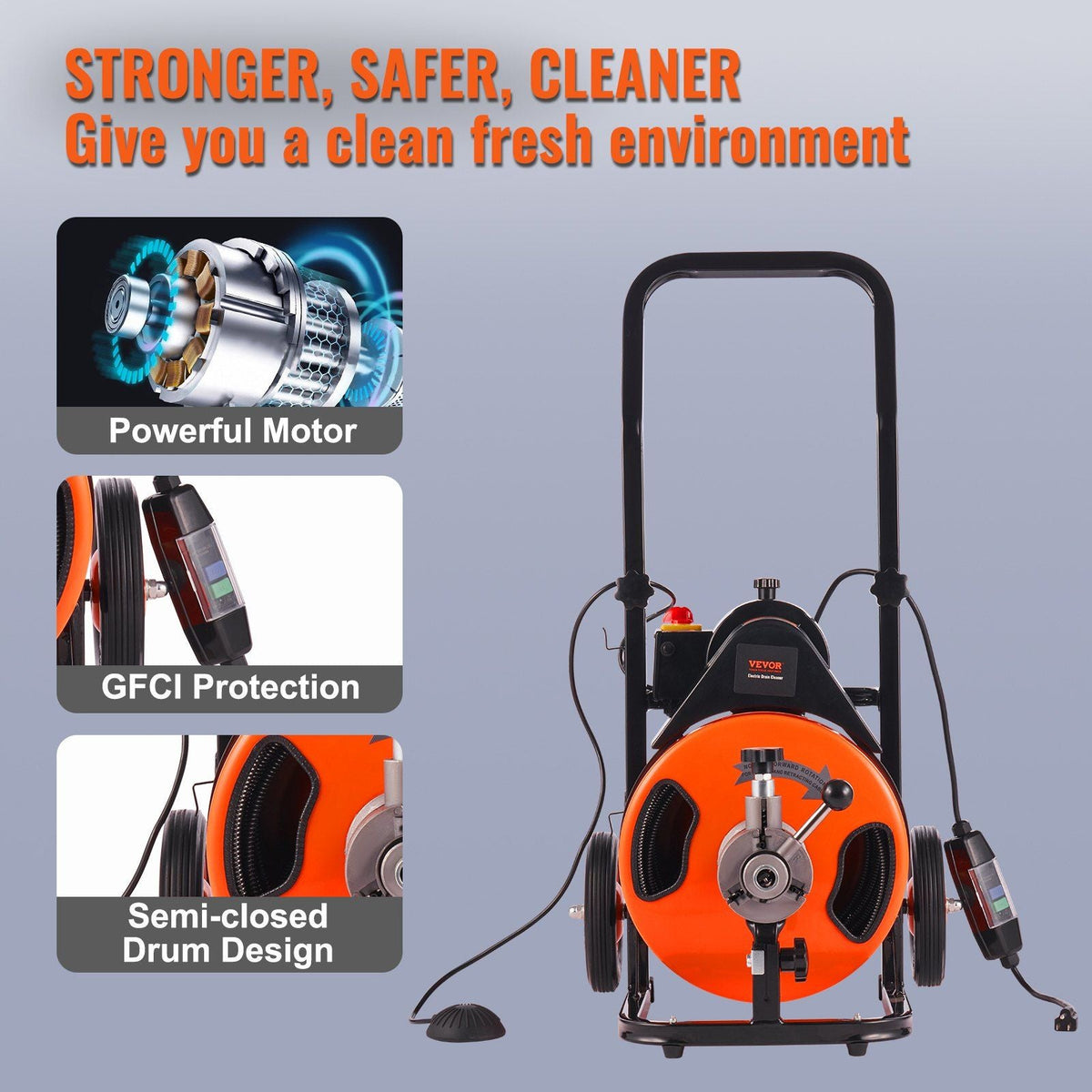 Drain Cleaning Machine 75FT x 3/8 Inch, Sewer Snake Machine Auto Feed, Drain Auger Cleaner with 4 Cutter & Air-Activated Foot Switch for 1" to 4" Pipes
