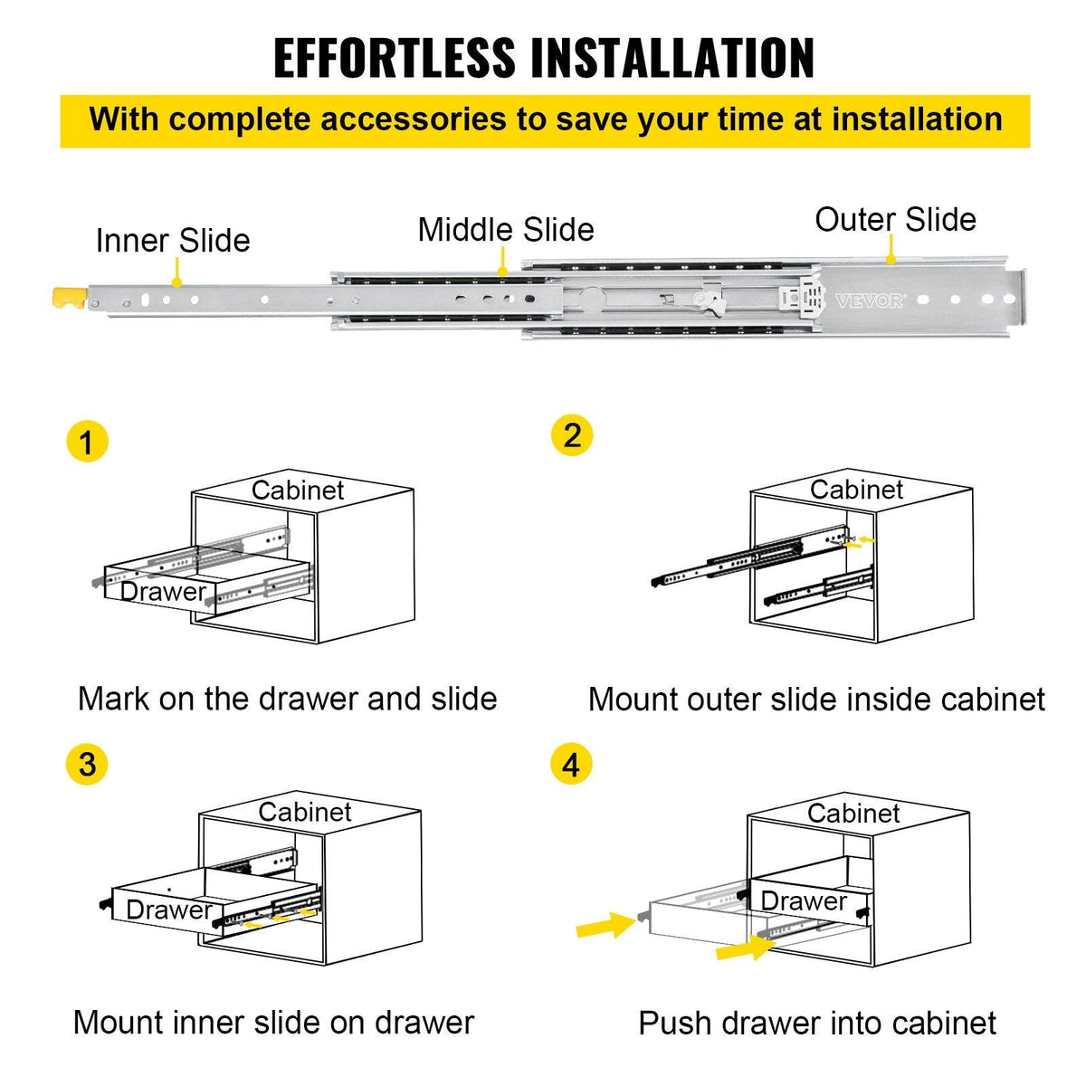 Drawer Slides with Lock, 1 Pair 56 inch, Heavy-Duty Industrial Steel up to 500 lbs Capacity, 3-Fold Full Extension, Ball Bearing Lock-in & Lock-Out, Side Mount