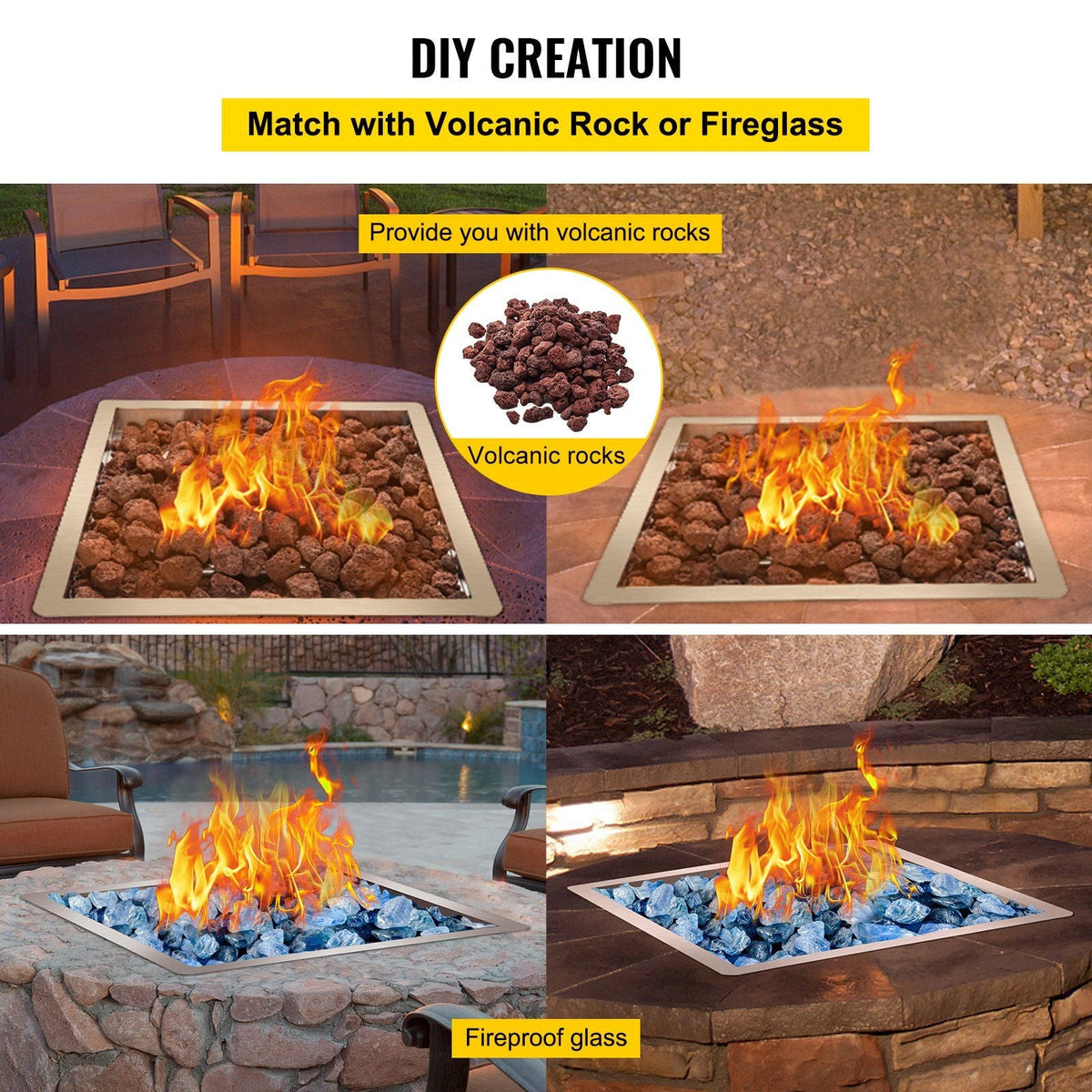 Drop in Fire Pit Pan, 18" x 18" Square Fire Pit Burner, Stainless Steel Gas Fire Pan, Fire Pit Burner Pan w/ 1 Pack Volcanic Rock Fire Pit Insert w/ 90K BTU for Keeping Warm w/ Family & Friends