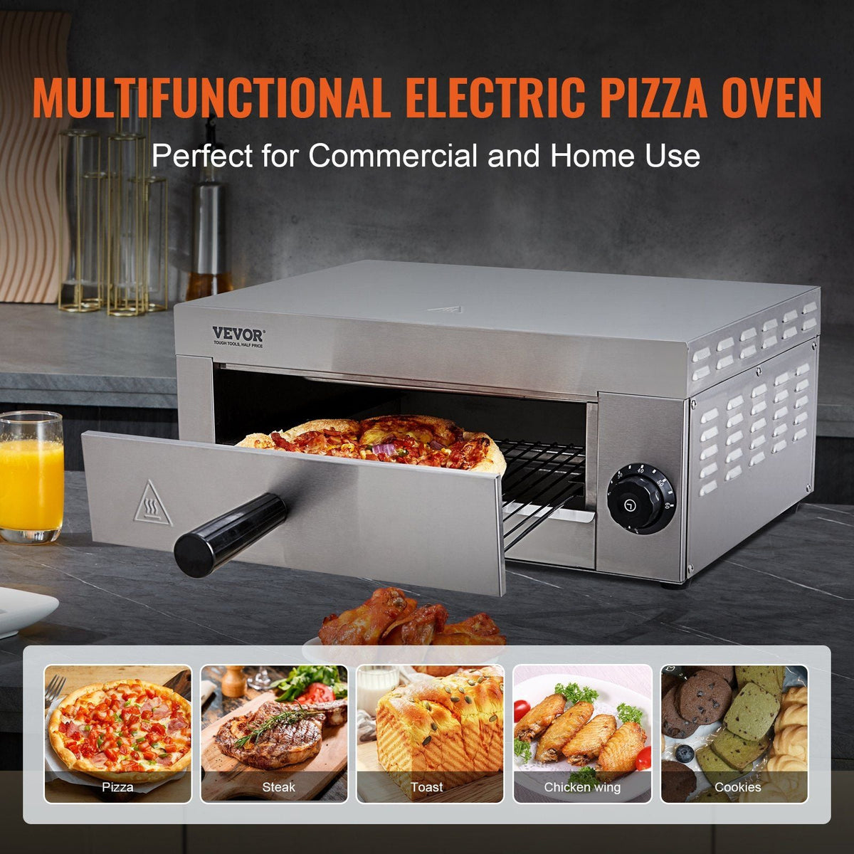 Electric Countertop Pizza Oven 12-inch, 1500W Commercial Pizza Oven with 0-60 Minutes Timer, Stainless Steel Pizza Maker with Removable Crumb Tray for Commercial and Home Use, ETL Certified