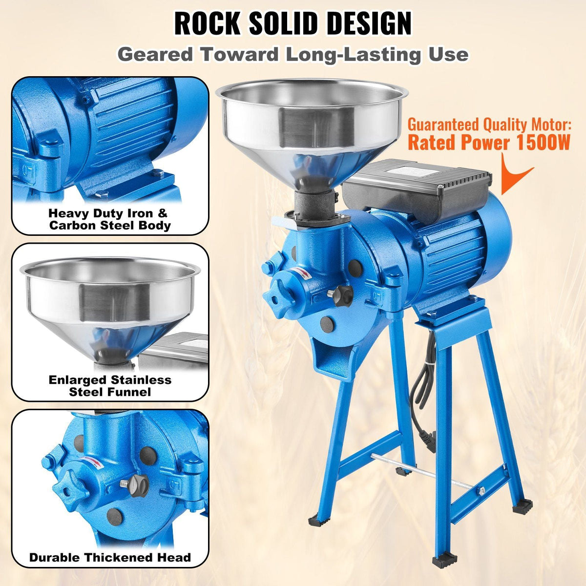 Electric Grain Mill Grinder, 1500W 110V Spice Grinders, Commercial Corn Mill with Funnel, Thickness Adjustable Powder Machine, Heavy Duty Feed Flour Cereal Mill Wheat Grinders, Dry & Wet Grinder