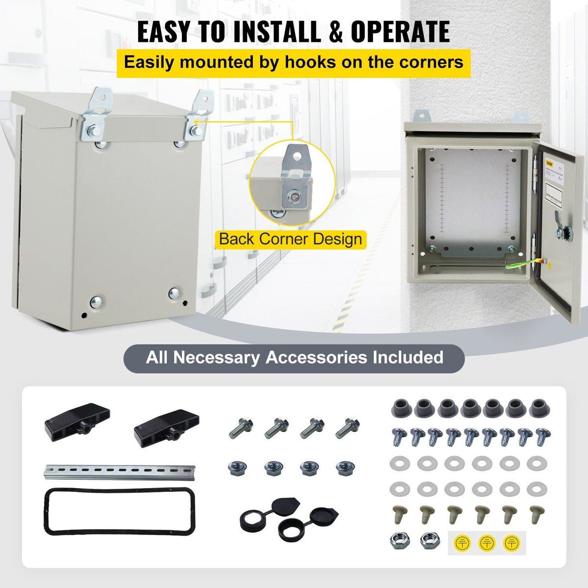 Electrical Enclosure, 12x8x8in, Tested to UL Standards NEMA 4 Outdoor Enclosure, IP65 Waterproof & Dustproof Cold-Rolled Carbon Steel Hinged Junction Box for Outdoor Indoor Use, with Rain Hood
