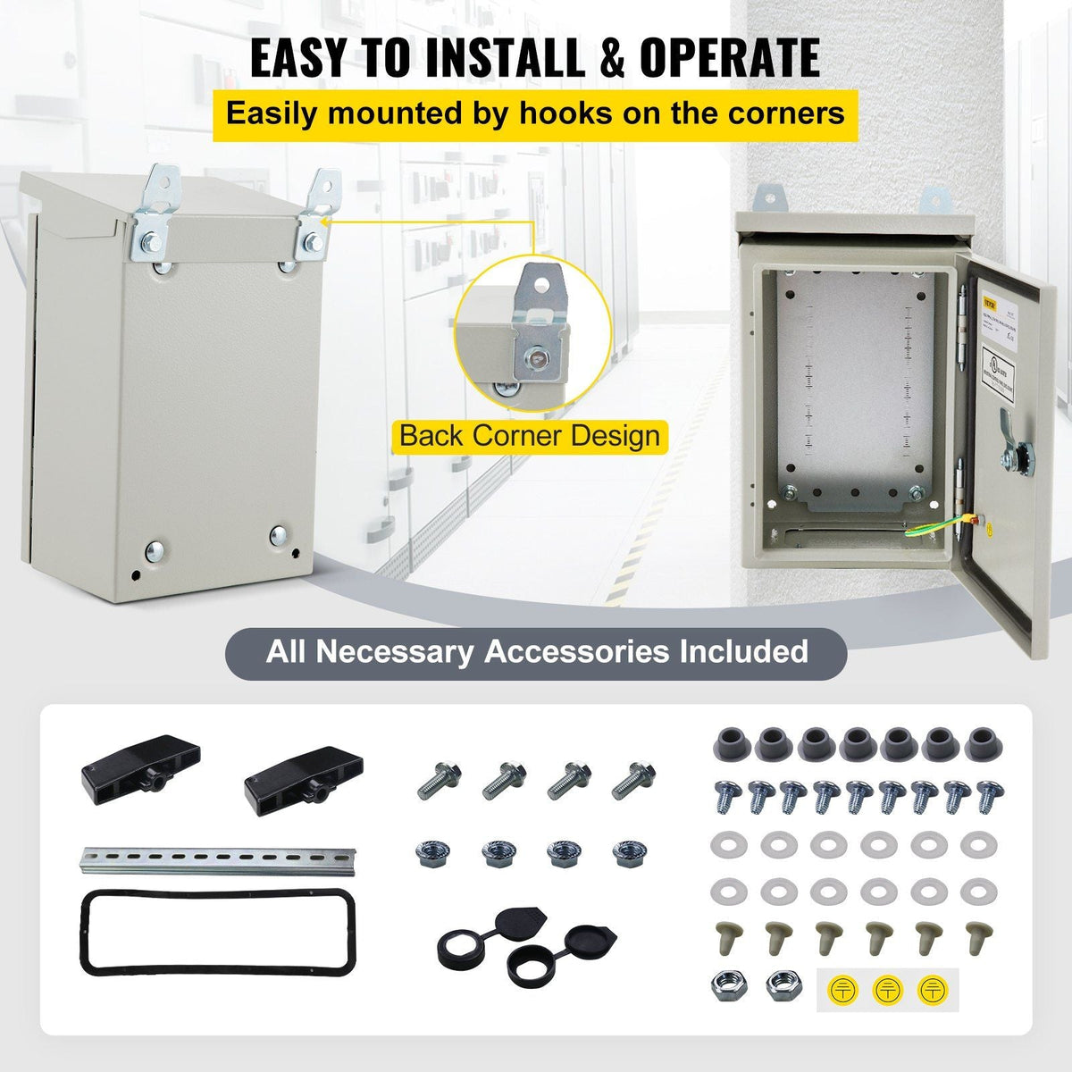 Electrical Enclosure, 16x12x8", Tested to UL Standards NEMA 4 Outdoor Enclosure, IP65 Waterproof & Dustproof Cold-Rolled Carbon Steel Hinged Junction Box for Outdoor Indoor Use, with Rain H
