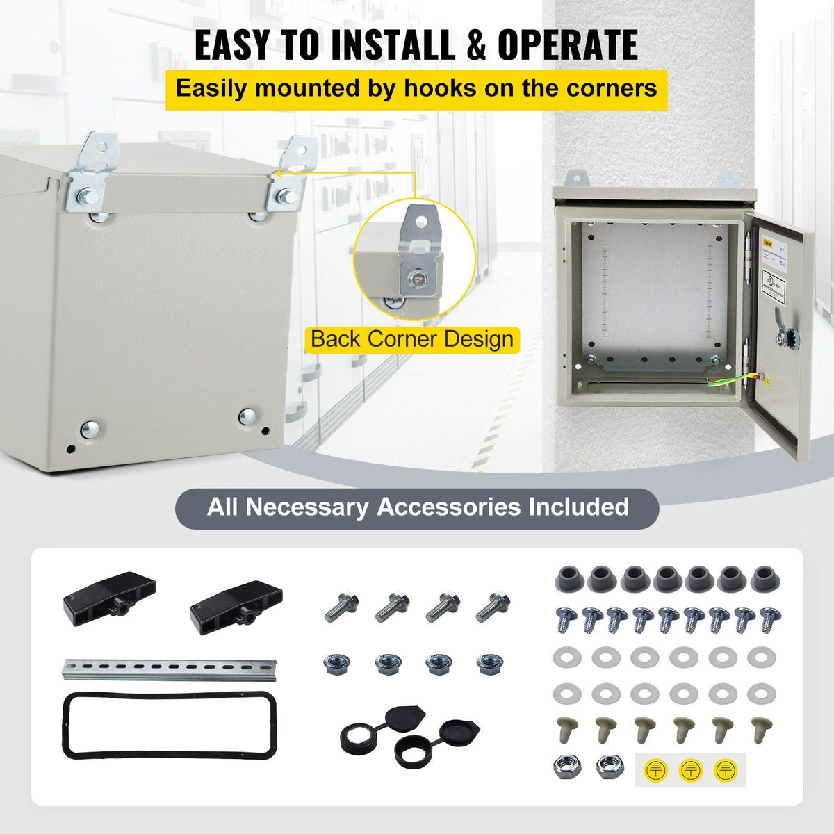 Electrical Enclosure, 16x16x6in, Tested to UL Standards NEMA 4 Outdoor Enclosure, IP65 Waterproof & Dustproof Cold-Rolled Carbon Steel Hinged Junction Box for Outdoor Indoor Use, with Rain Hood