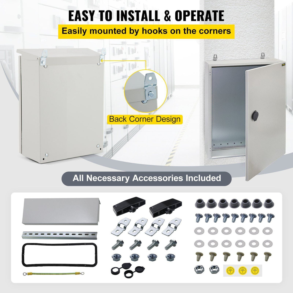 Electrical Enclosure, 20x12x10in, Tested to UL Standards NEMA 4 Outdoor Enclosure, IP65 Waterproof & Dustproof Cold-Rolled Carbon Steel Hinged Junction Box for Outdoor Indoor Use, with Rain Hood